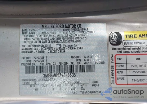 2006 Mercury Milan I4 Premier z USA, uszkodzony, nr VIN 3MEHM08Z96R653511